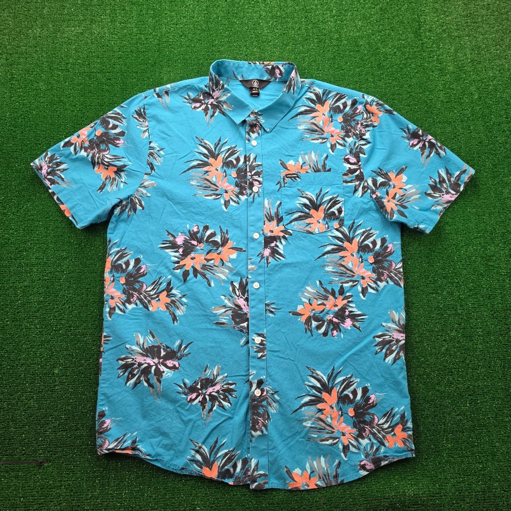 Volcom Stone Shirt Mens XL Blue Tropical‎ Floral Button Up Summer Beach Casual